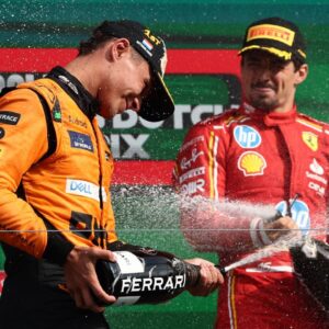 Lando Norris of McLaren and Charles Leclerc of Ferrari after the Formula 1 Grand Prix of The Netherlands