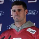 New York Giants quarterback Daniel Jones (8) during press conference at the FC Bayern Munchen training grounds at Sabener Strasse.