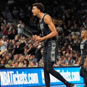 San Antonio Spurs center Victor Wembanyama (1) reacts during the second half against the Los Angeles Lakers at Frost Bank Center.