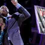 Vince Carter emotional witnessing his jersey being retired.