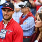 Washington Redskins quarterback Kirk Cousins (left) and wife Julie (right) look on before game one of the 2016 NLDS playoff baseball series between the Washington Nationals and the Los Angeles Dodgers at Nationals Park.
