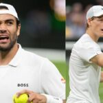 Matteo Berrettini (L) and Jannik Sinner (R) during their Wimbledon 2024 match