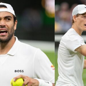 Matteo Berrettini (L) and Jannik Sinner (R) during their Wimbledon 2024 match