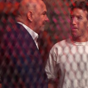 Mark Zuckerberg (right) and Dana White (left) during UFC 300 at T-Mobile Arena.