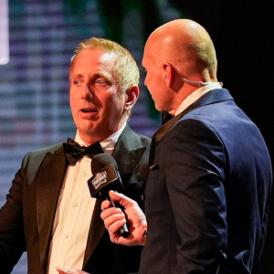 Greg Biffle receives Myers Brothers award for his service to Hurricane Helene victims during the NASCAR Awards Banquet at Charlotte Convention Center.
