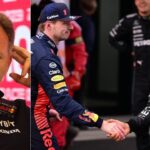 Christian Horner(L), Max Verstappen(C), Lewis Hamilton(R)
