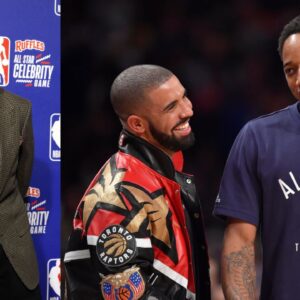 Stephen A. Smith (L), Drake and DeMar DeRozan (R).