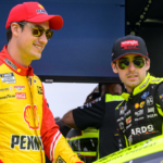 NASCAR Cup Series driver Joey Logano (left) and driver Ryan Blaney (right) during practice for the NASCAR All-Star race at Texas Motor Speedway.