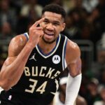 Milwaukee Bucks forward Giannis Antetokounmpo (34) reacts in the second quarter against the Indiana Pacers at Fiserv Forum.