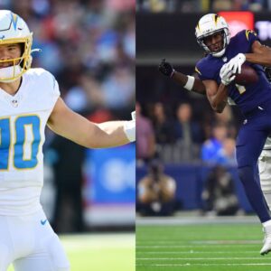 Jim Harbaugh, Justin Herbert and Quentin Johnston