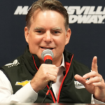 Former Hendrick driver Jeff Gordon speaks to the media about the Hendrick Motorsports 40th Anniversary during the Cook Out 400 at Martinsville Speedway.