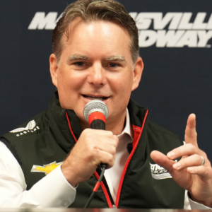Former Hendrick driver Jeff Gordon speaks to the media about the Hendrick Motorsports 40th Anniversary during the Cook Out 400 at Martinsville Speedway.
