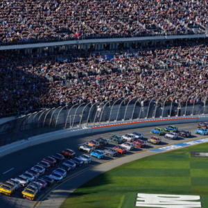 Joey Logano (22) and Michael McDowell (34) lead the field to the green flag in the 66th Daytona 500 on Monday, February 19, 2024.