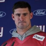 New York Giants quarterback Daniel Jones (8) during press conference at the FC Bayern Munchen training grounds at Sabener Strasse.