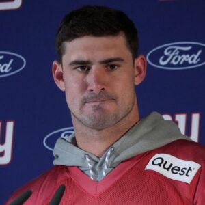 New York Giants quarterback Daniel Jones (8) during press conference at the FC Bayern Munchen training grounds at Sabener Strasse.