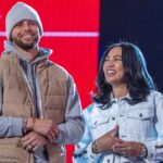 Golden State Warriors guard Stephen Curry (30) and wife Ayesha Curry (right) during the 2022 NBA All-Star Saturday Night at Rocket Mortgage Field House.