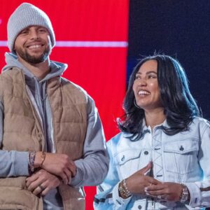 Golden State Warriors guard Stephen Curry (30) and wife Ayesha Curry (right) during the 2022 NBA All-Star Saturday Night at Rocket Mortgage Field House.