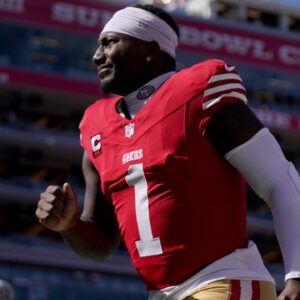 Oct 20, 2024; Santa Clara, California, USA; San Francisco 49ers wide receiver Deebo Samuel Sr. (1) jogs towards the locker room before the start of the game against the Kansas City Chiefs at Levi's Stadium.