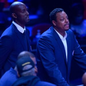 Kevin Garnett and Paul Pierce talk during halftime during the 2022 NBA All-Star Game at Rocket Mortgage FieldHouse