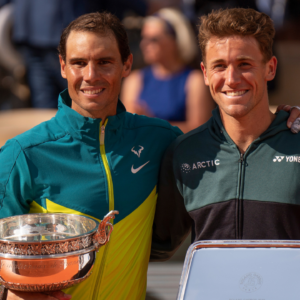 Rafael Nadal (ESP) and Casper Ruud (NOR) at the trophy presentation after the men s singles final on day 15 of the French Open