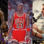 LeBron James (L), Michael Jordan (C), and Colin Cowherd (R)