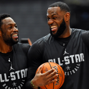 eam Lebron forward Lebron James of the Los Angeles Lakers (23) and Team Lebron guard Dwayne Wade of the Miami Heat (3) during NBA All-Star Game practice