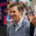 Roger Goodell (L), Eli Manning (C) and Bill Gates (R)