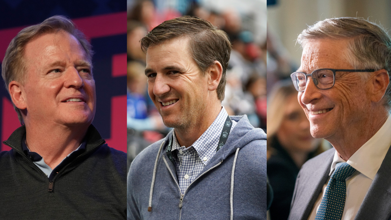 Roger Goodell (L), Eli Manning (C) and Bill Gates (R)
