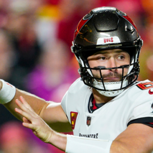 Tampa Bay Buccaneers quarterback Baker Mayfield (6) throws a pass during the first half against the Kansas City Chiefs at GEHA Field at Arrowhead Stadium.