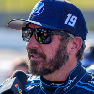 NASCAR Cup Series driver Martin Truex Jr. (19) talks with media after winning the pole during cup qualifying at Martinsville Speedway.