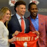 Kansas City Chiefs number 10 pick Patrick Mahomes II poses for a photo with his mother Randi and father Pat during the press conference at Stram Theatre.