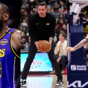 LeBron James (L), JJ Redick (C), Anthony Davis (R)