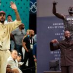 Carmelo Anthony (L) and Dwyane Wade with his statue(R)