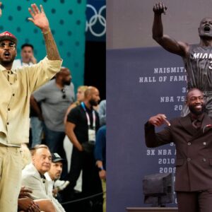 Carmelo Anthony (L) and Dwyane Wade with his statue(R)