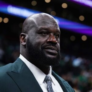 Shaquille O'Neal looks on before the game between the Boston Celtics and the Dallas Mavericks in game one of the 2024 NBA Finals at TD Garden