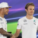 British Lewis Hamilton of Mercedes AMG Petronas F1 Team and German Nico Rosberg of Mercedes AMG Petronas F1 Team shakes hands at a press conference