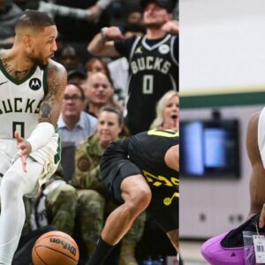 Damian Lillard (L) and Giannis Antetokounmpo with Adidas shoes (R)