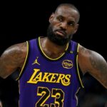 Los Angeles Lakers forward LeBron James (23) reacts during the second half against the Memphis Grizzlies at FedExForum.