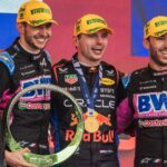 Autodromo Jose Carlos Pace, Sao Paulo, Brazil. 3.November.2024; Max Verstappen of red bull racing , Esteban Ocon and Pierre Gasly of Alpine F1 team on the podium during Formula One Brazil Grand Prix