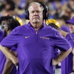 Nov 16, 2024; Gainesville, Florida, USA; LSU Tigers head coach Brian Kelly looks on against the Florida Gators during the second half at Ben Hill Griffin Stadium.