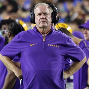 Nov 16, 2024; Gainesville, Florida, USA; LSU Tigers head coach Brian Kelly looks on against the Florida Gators during the second half at Ben Hill Griffin Stadium.