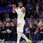 Cleveland Cavaliers guard Donovan Mitchell (45) reacts against the Philadelphia 76ers in the fourth quarter at Wells Fargo Center