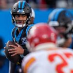 Nov 24, 2024; Charlotte, North Carolina, USA; Carolina Panthers quarterback Bryce Young (9) drops back to pass against the Kansas City Chiefs during the second half at Bank of America Stadium.