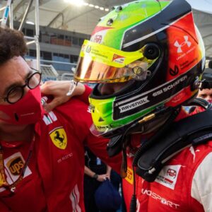 Schumacher Mick (ger), Prema Racing, Dallara F2 2018, ambiance, portrait, celebrating his title with BINOTTO Mattia (ita), Team Principal & Technical Director of the Scuderia Ferrari