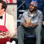 Jimmy Fallon (L) and Carmelo Anthony with Kiyan (R)