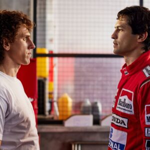 Matt Mella as Alain Prost (L) and Gabriel Leone as Ayrton Senna (R)