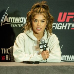 Orlando, FL - NOVEMBER 30: Tracy Cortez talks with the press ahead of UFC Fight Night Orlando - Thompson vs Holland on November 30, 2022 in Orlando, FL, United States.