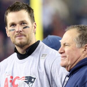 New England Patriots quarterback Tom Brady (12) and head coach Bill Belichick after beating the Pittsburgh Steelers in the 2017 AFC Championship Game at Gillette Stadium.