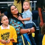 Ayesha Curry, wife of Golden State Warriors guard Stephen Curry (not pictured), with her children after winning game five of the 2022 western conference finals against the Dallas Mavericks at Chase Center.
