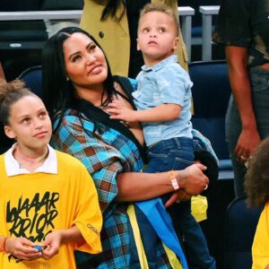 Ayesha Curry, wife of Golden State Warriors guard Stephen Curry (not pictured), with her children after winning game five of the 2022 western conference finals against the Dallas Mavericks at Chase Center.